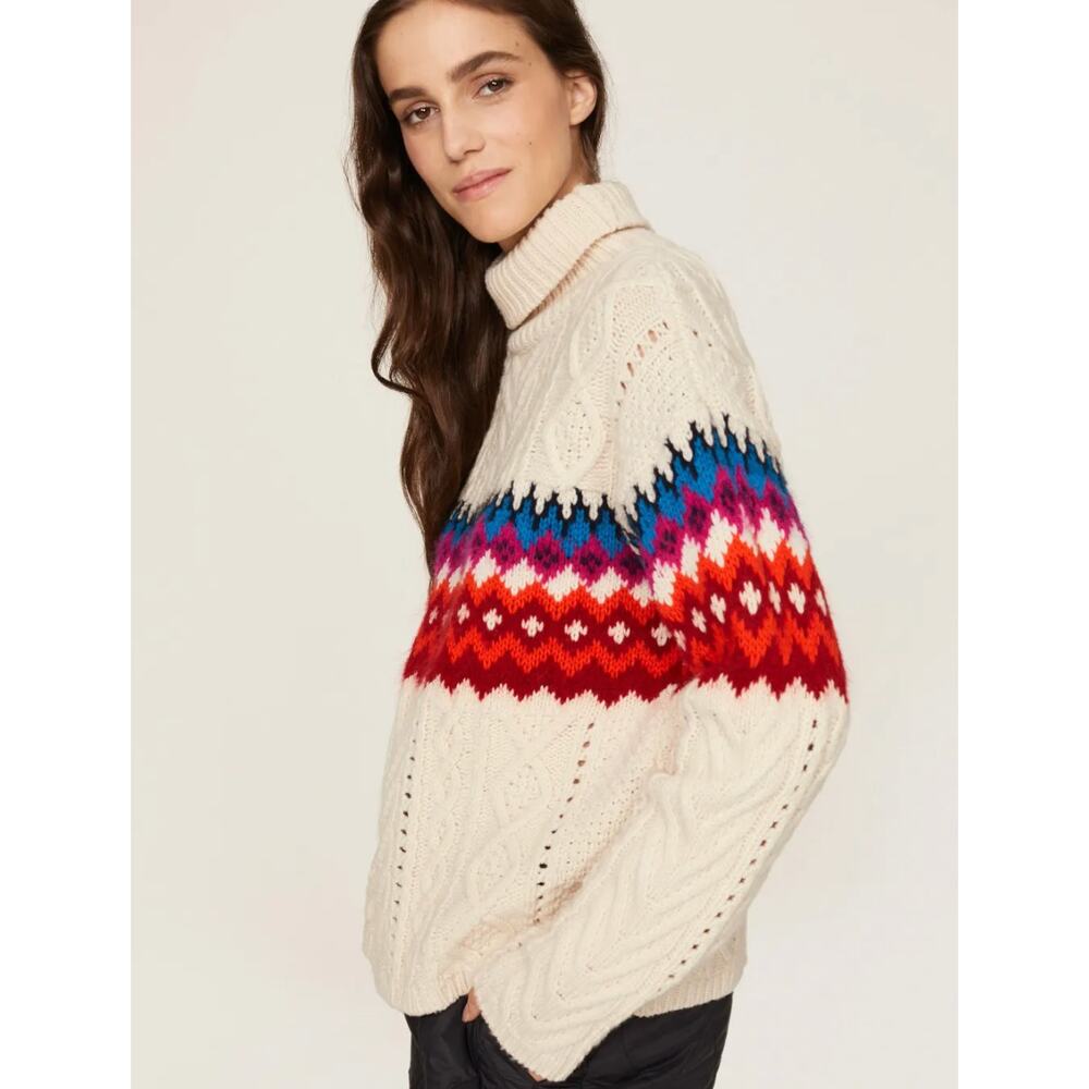 Rag and Bone Sweater Willow Fair Isle Turtleneck Rainbow Cable Knit Cream Small